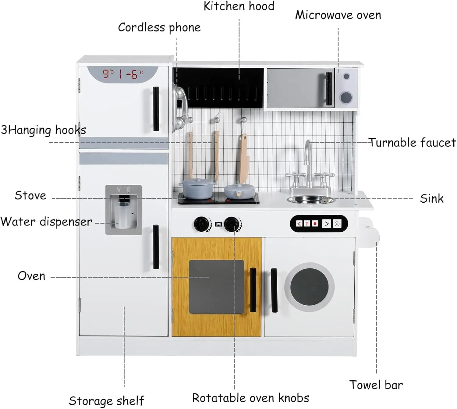 Kinder King Wooden Kids Play Kitchen, Toy Kitchen Playset For Toddler, Realistic Kitchen Sets W/Lights & Sounds, Pretend Ice