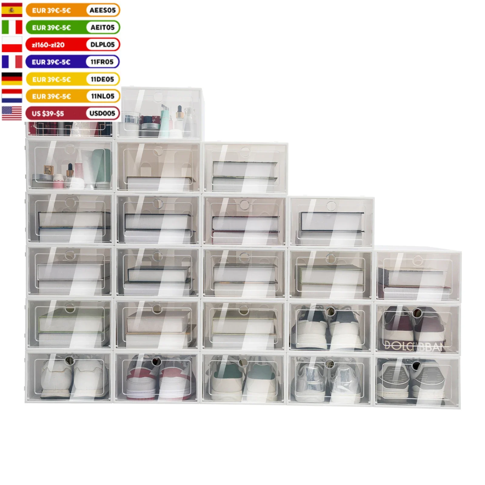 24 Pack Shoe Storage Box, Clear Plastic Stackable Shoe Organizer Space Saving Foldable Shoe Rack Sneaker Container Bin Holder