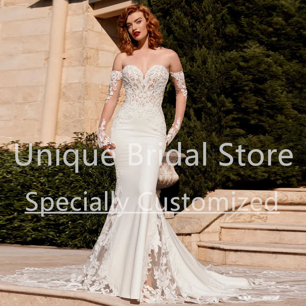 Vestido de novia de sirena personalizado 2023, tamaño personalizado, encaje, escote en forma de corazón, espalda descubierta, botón cubierto, mangas largas desmontables, hermoso Brid