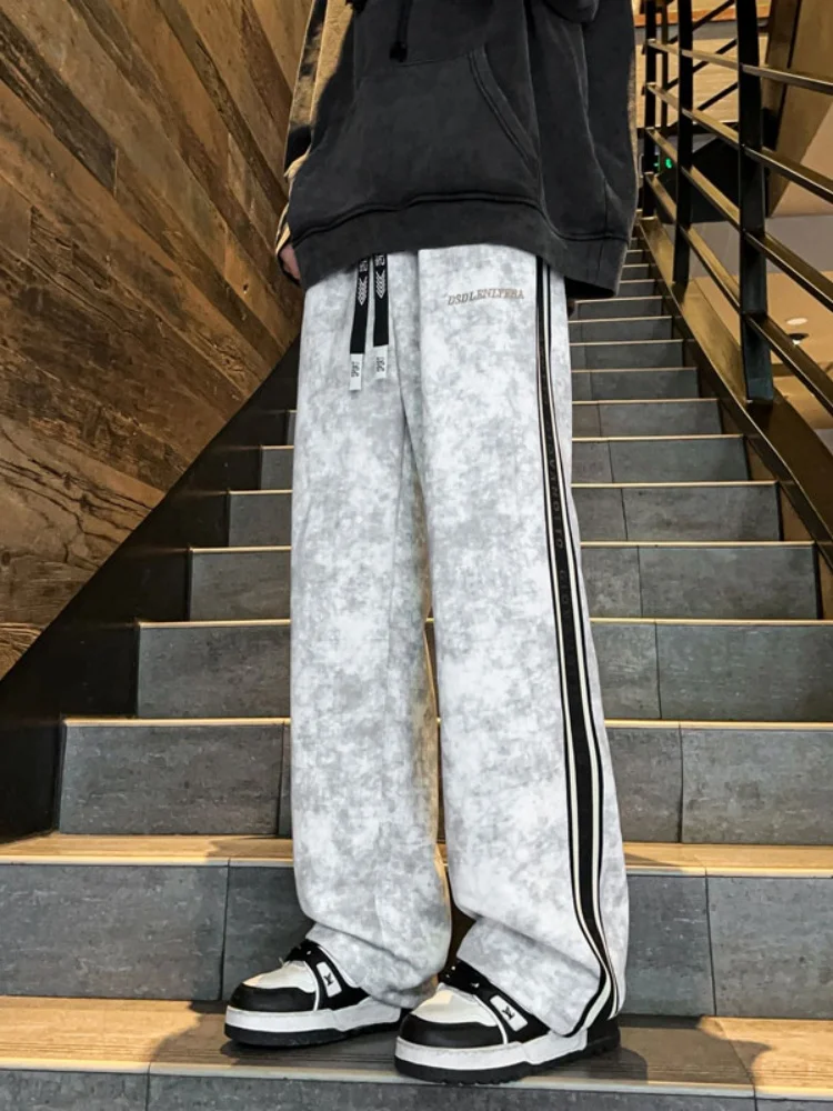 

Мужские спортивные брюки с полосатым тканым поясом, свободные, прямого кроя, окрашенные, в американском ретро-стиле, повседневные, свободного кроя, длинные брюки