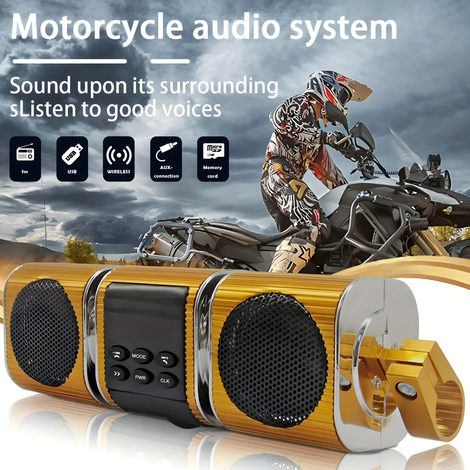Motorcycle Speakers with Built-in Amplifier Wireless USB & AUX Inputs FM Radio 12V Metal MP3 Player for Off-Road Bikes