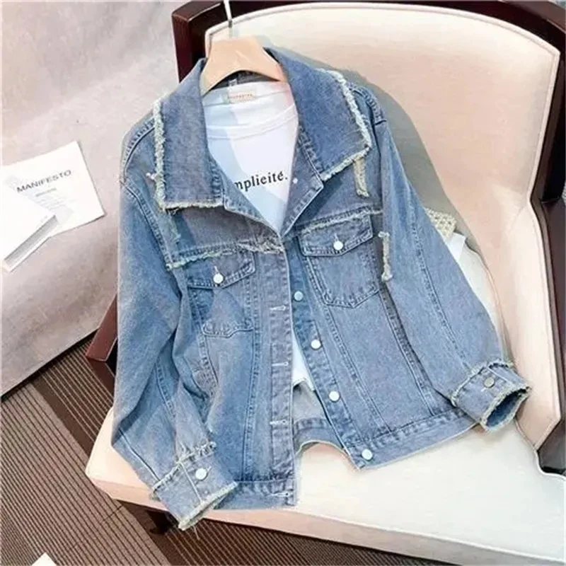 

Euro-American Fashion Denim Jacket Women's Spring Autumn New Cowboy Coat Tide Loose Hong Kong Wind Outerwear Female Trend Tops