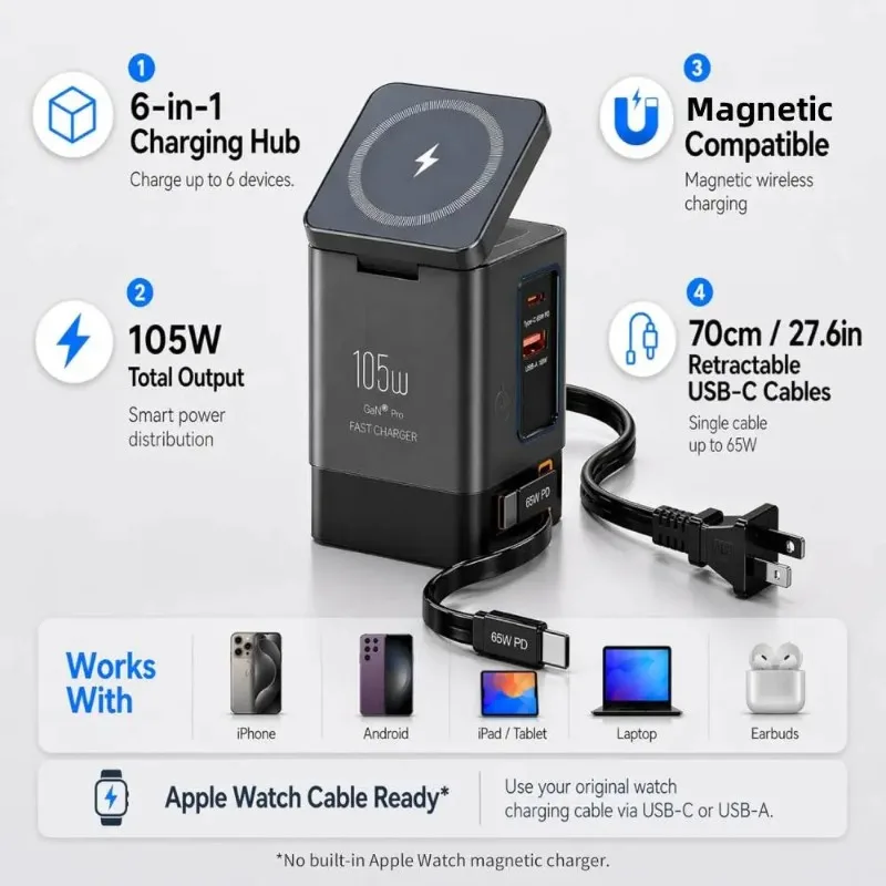 105W 6‑in‑1 GaN Charging Station Dual65W Retractable Cable Smar Digital Display Fast Charger for Phone Laptop Home Desktop Setup
