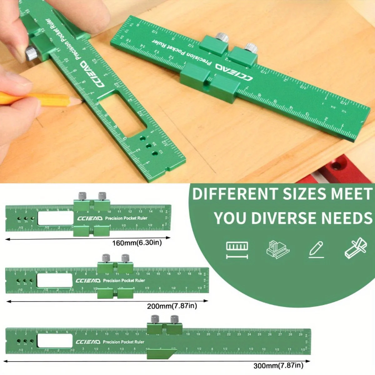 1/3Pcs Woodworking Precision Pocket Rulers, Metal Slide Stop Marking Square Ruler Adjustable Sliding Ruler Marking and Measuring