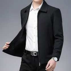 Smooth Zipper Turn Down Collar Men's Jacket Solid Color Middle-aged Men Casual Jackets for Men's Office Dress Work Jacket Loose