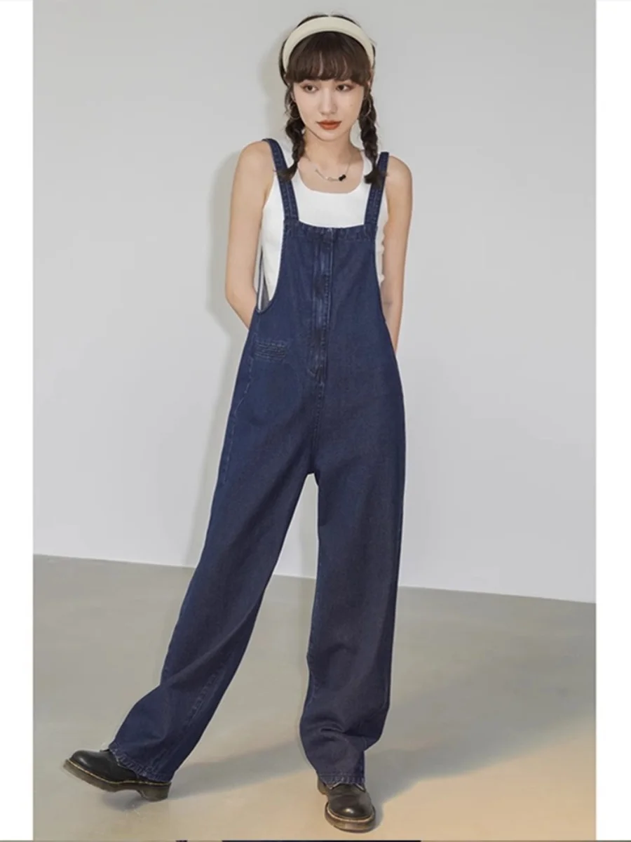 Damskie ogrodniczki dżinsowe z wysokim stanem i szerokimi nogawkami, letni modny krój, wyszczuplające spodnie na szelkach, bawełna, elastyczny denim.