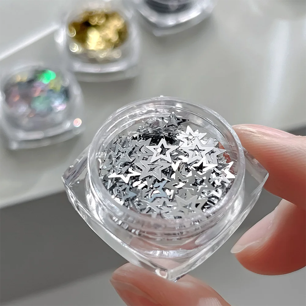 Metallic Hollow Out Star Nail Sequins Holo Laser Star Glitter Flakes Mixed Size Gold Silver Black Hollow Star Nail Charm for DIY