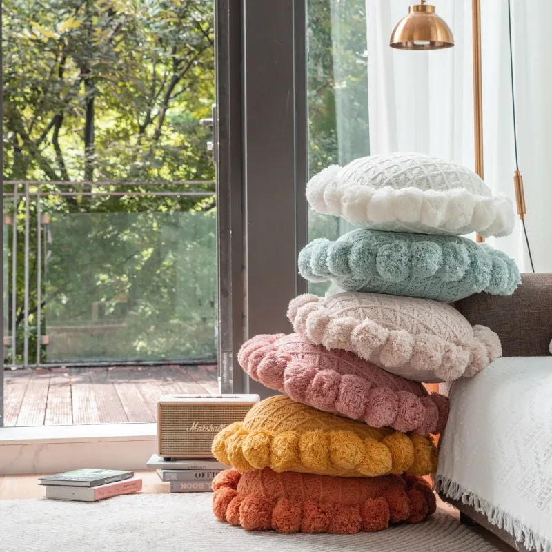 

Hand-knitted Round Wool Removable Wash Pillow Fat Wool Ball Pillow Cushion