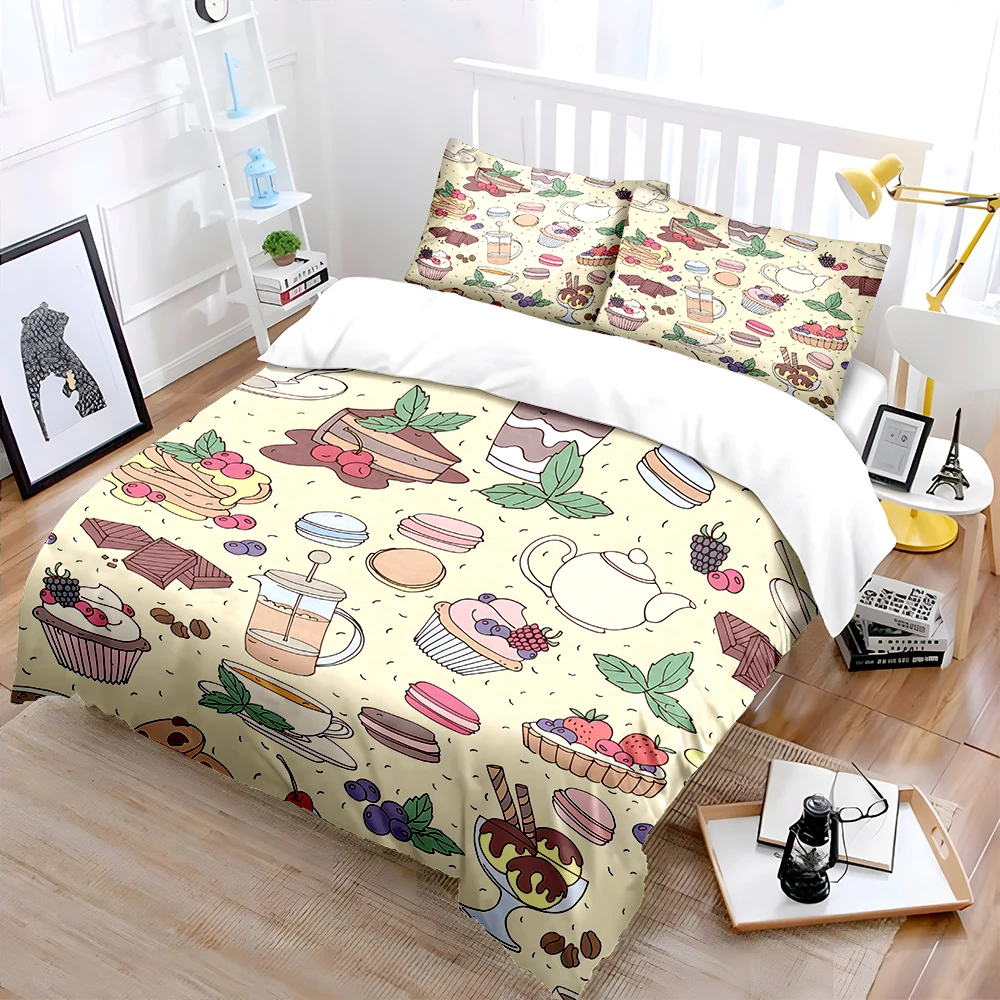 Delicious desserts and tea Pattern Duvet Cover Set Digital Print Colorful Polyester Bedding with Zipper Closur for kids gifts
