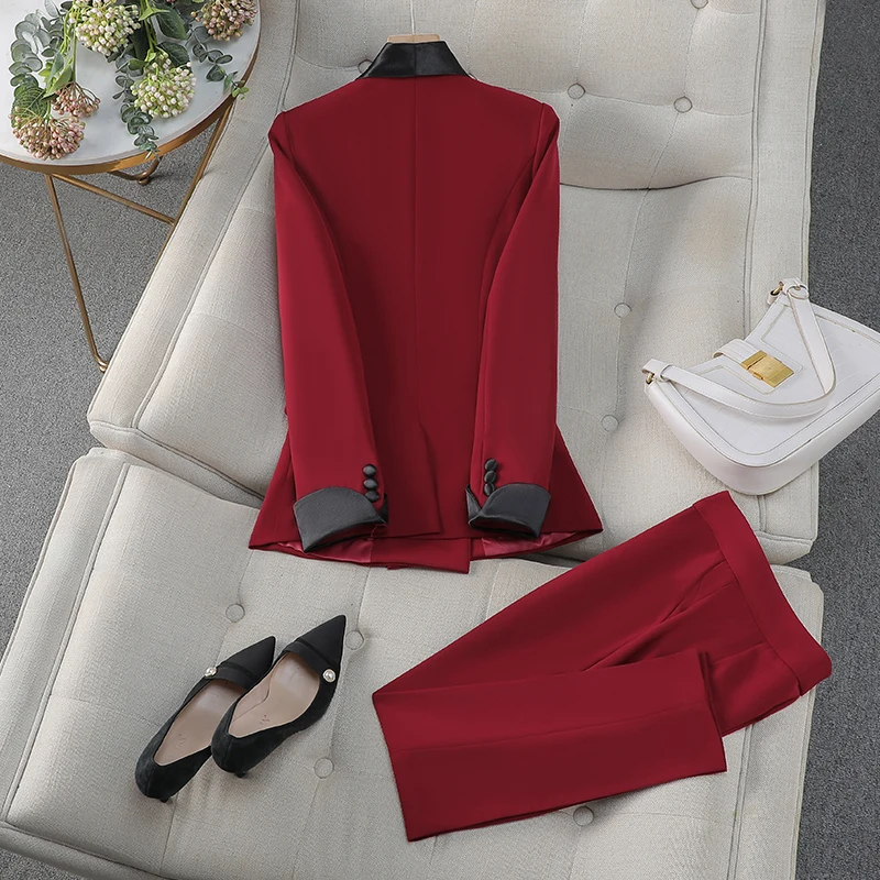 ฤดูใบไม้ร่วงผู้หญิงทํางาน Blazer สูทสีดําสีแดง Patchwork Double Breasted Coat Top และกางเกงเอวสูง 2 ชิ้นชุด Office Lady