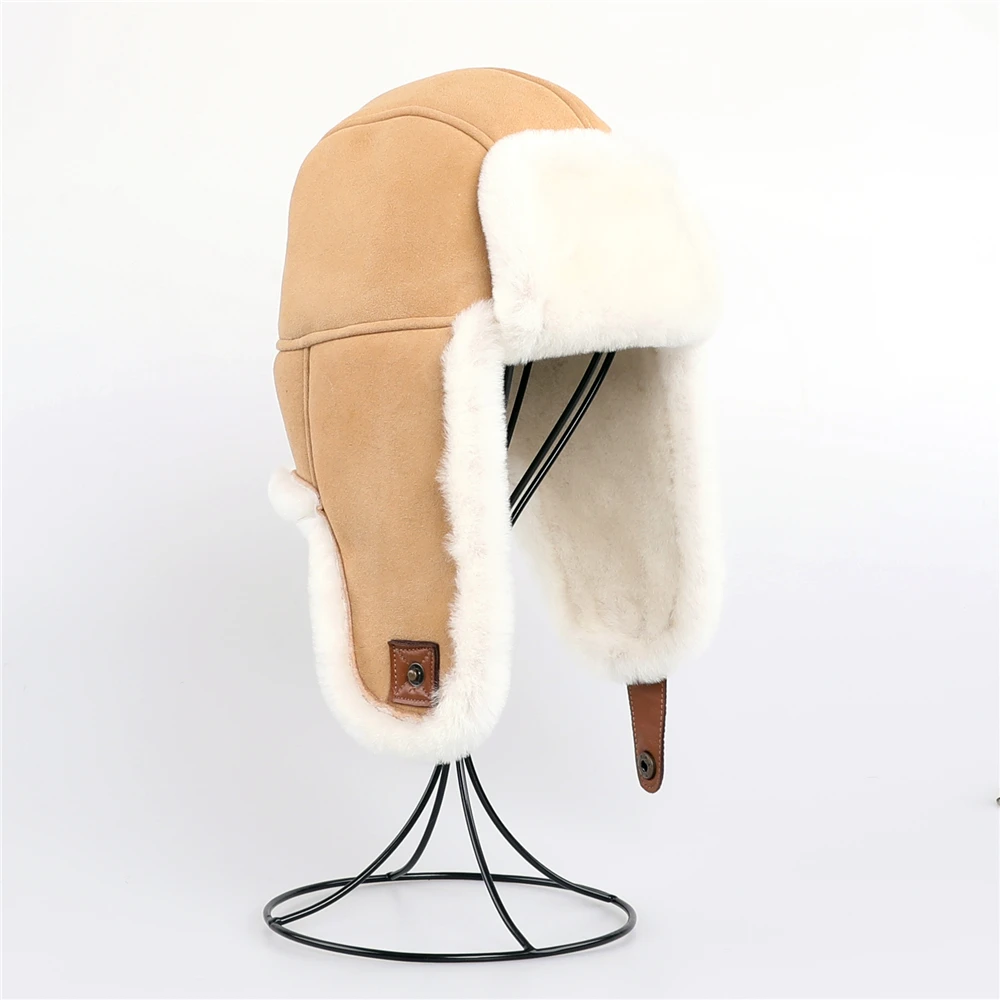 Winter Unisex 100% Shearling Wool Bomber Hat Ushanka Cap Lamb Fur Trapper Russian Man Women Ski Hats Real Leather Caps