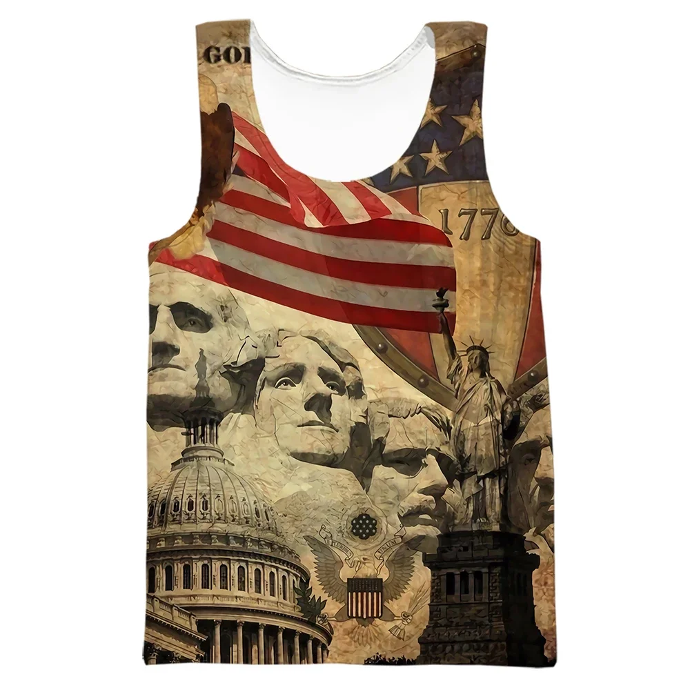 HX Fashion Vest American Independence Day Stars Printed Tank Tops 3D Graphic Vests Polyester Sportswear Gym Clothing for Men