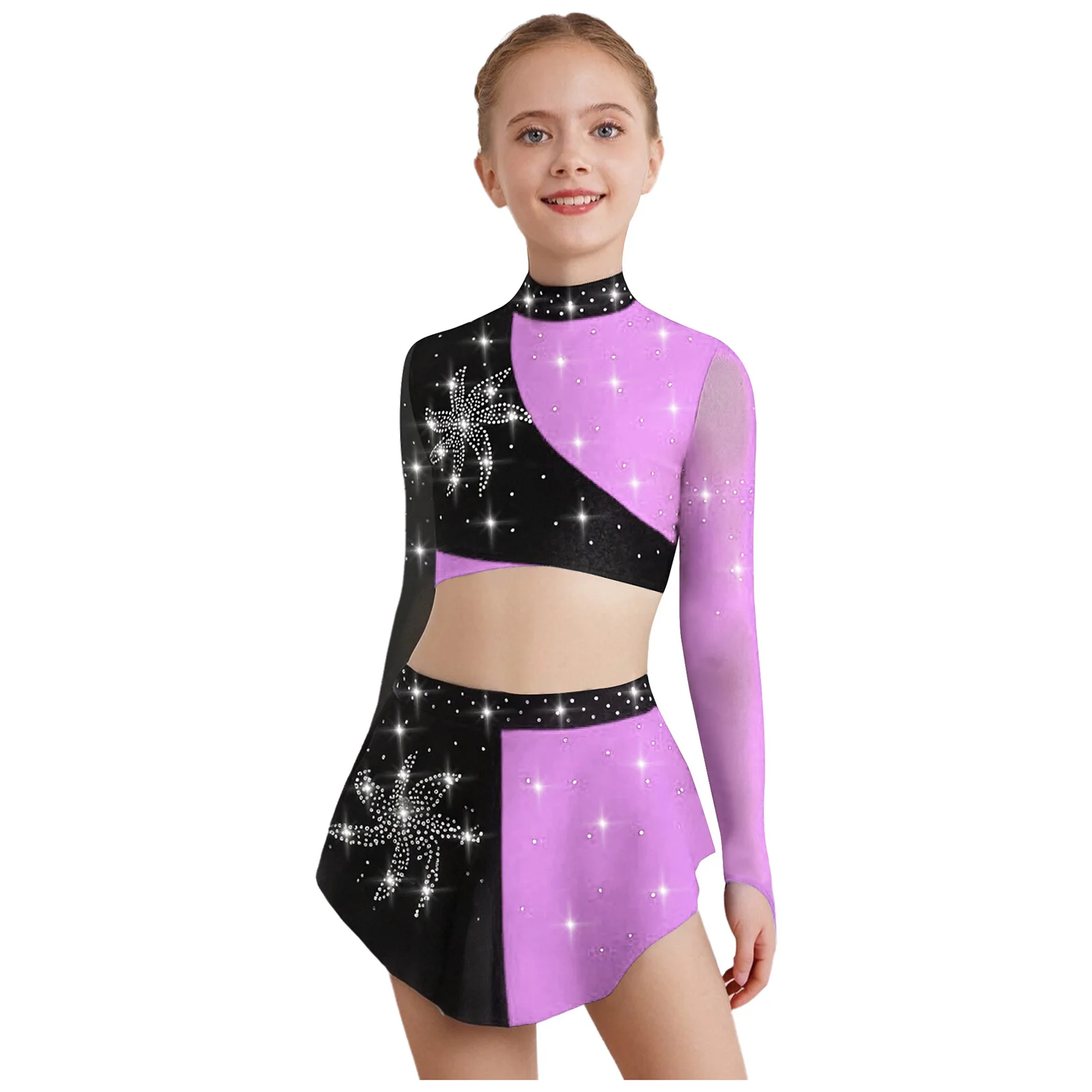 Justaucorps de gymnastique pour enfants filles, Costume de spectacle de danse lyrique, patinage artistique, strass brillants, haut court avec jupe