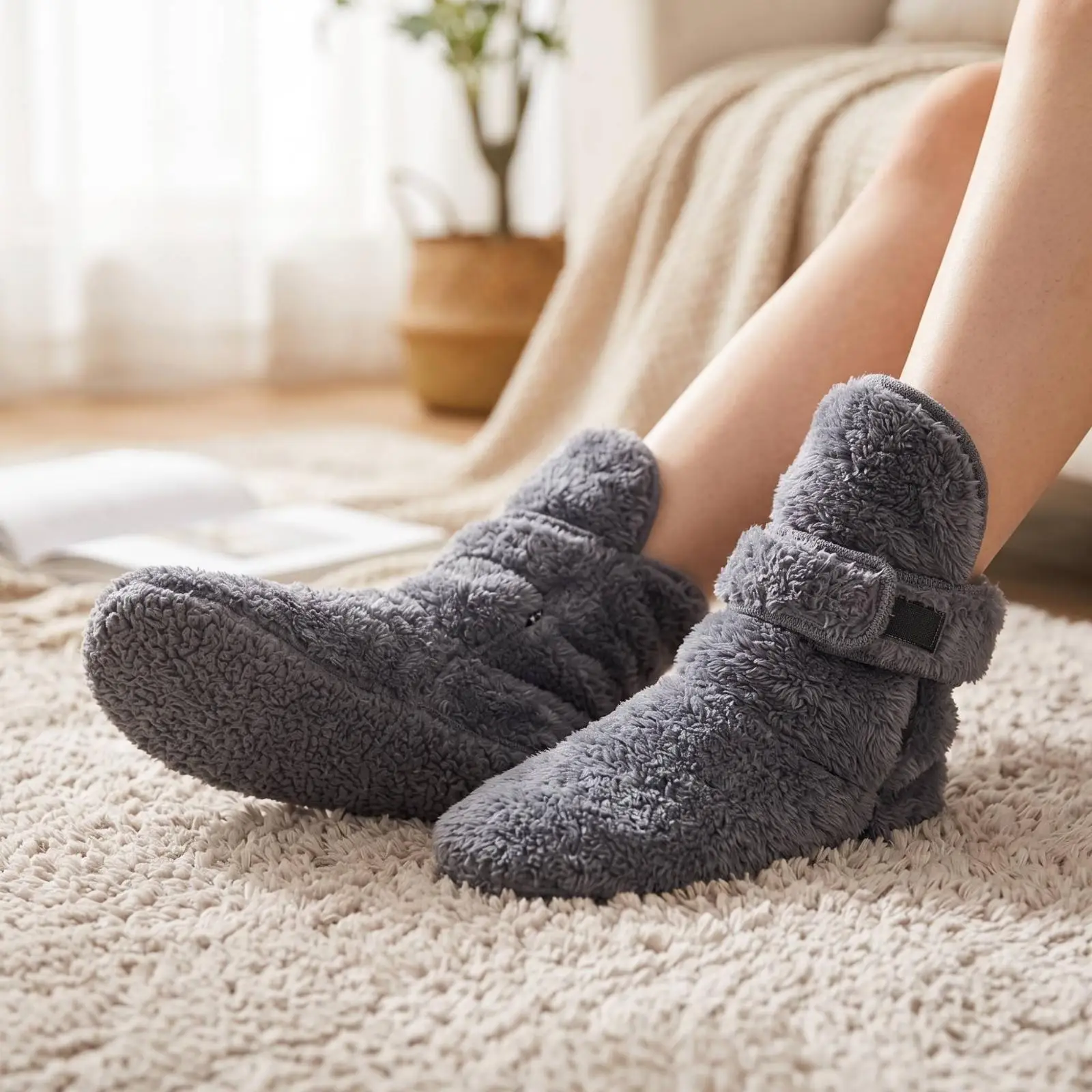 Foot Warming Socks Adjustable Ankle Booties Cozy Indoor Slippers Soft Fleece Lining for Bedroom Floors