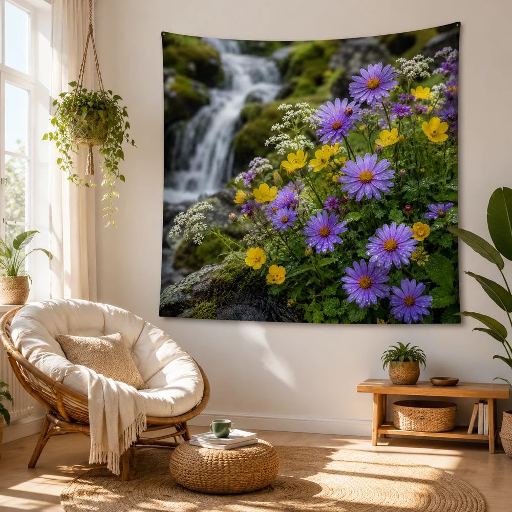 Glowing Blue Waterfall Dragon Tapestry, Mystical Fantasy Cave Wall Hanging for Aesthetic Home Decor