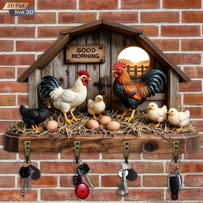 2D Plane. 1pc. Wooden Chicken Coop-shaped Key Hook - Wooden Multi-functional Decorative Key Holder with Four Metal Hooks, Wall