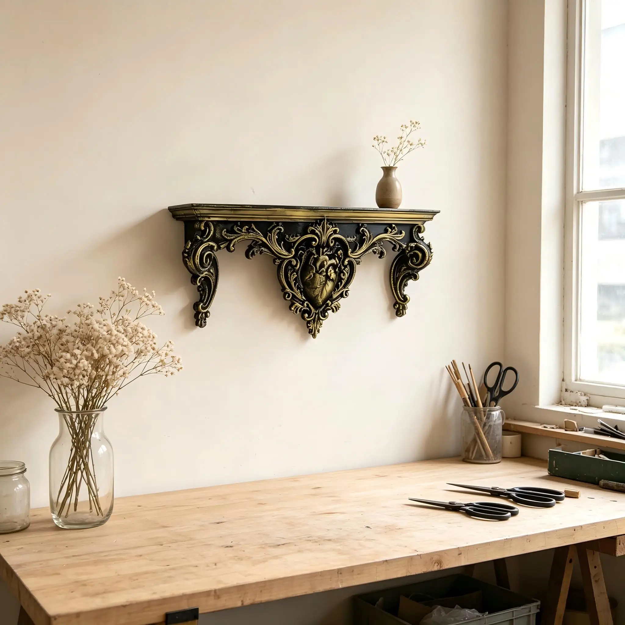 Gothic Baroque Anatomical Heart Wall Shelf, Black Gold Plastic Floating Display Shelf for Dark Academia Vintage Home Decor