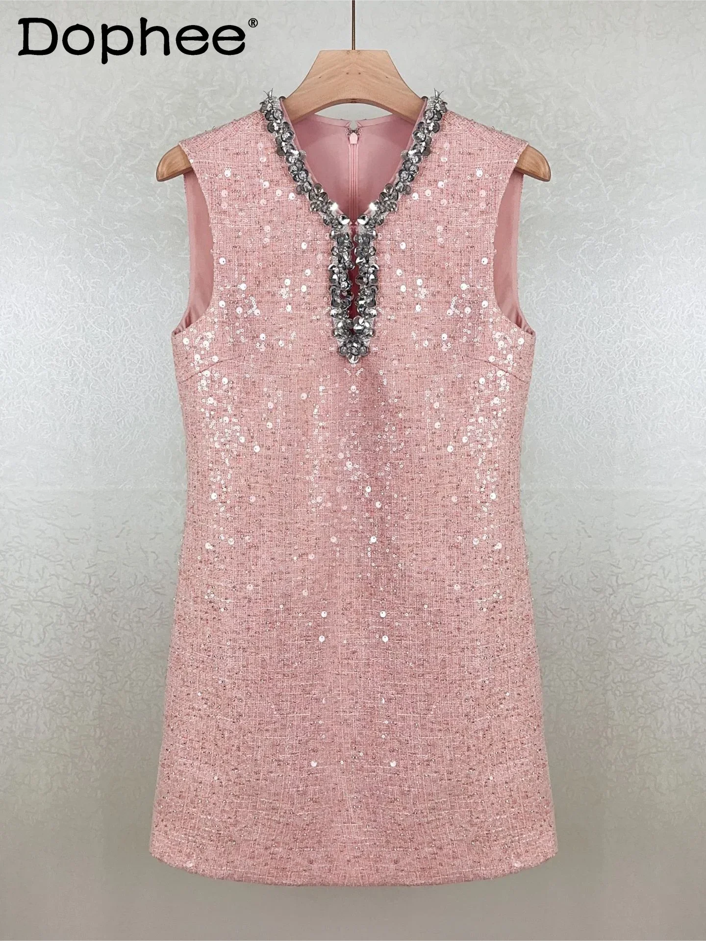 

French Style Elegant Temperament Sequined Bead Dress 2024 Summer New Handmade Bead Diamond Luxury High-end Short Dress for Women