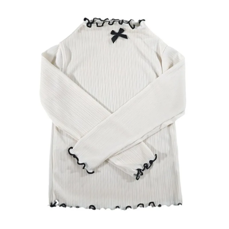 6M-8Y الفتيات تي شيرت بأكمام طويلة الأطفال تكدرت حافة القوس محبوك القمم 2025 الخريف جديد تنوعا قاعدة قميص للطفل الفتيات #5