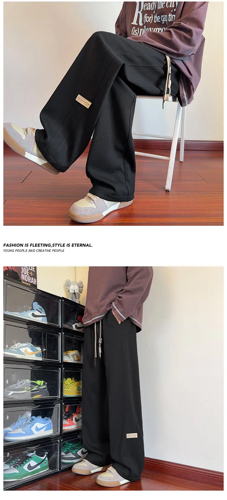 Herren-Sweatpants mit Kordelzug, weitem Bein, einfarbig, elastischer Bund, lockere, gerade geschnittene Hose, Streetwear, Freizeit- und Alltagshose. – Detail 19
