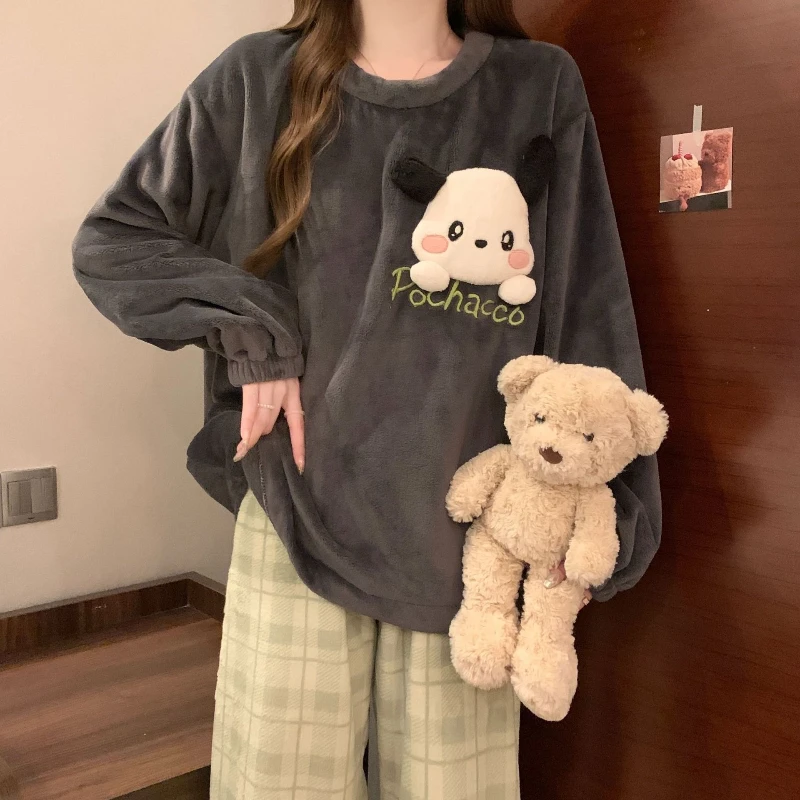 

Kuromi Hello Kitty Coral Fleece Pajamas Loose Women's Plus Velvet Thickening Cute Sweet Flannel Casual HomewearSet Anime Cartoon