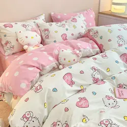 4 Stks/set Kawaii Anime Cartoon Hello Kitty Beddengoed Dekbedovertrek Student Beddengoed Zachte Microfiber Bedsprei Lichtgewicht Sprei