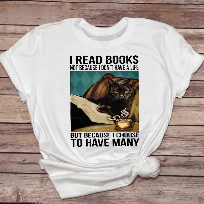 تي شيرت كلاسيكي للقراءة على شكل قطة حرف أدبي كلاسيكي جرافيك تي شيرت نسائي كاجوال كبير الحجم متعدد الاستخدامات برقبة دائرية وأكمام قصيرة #2