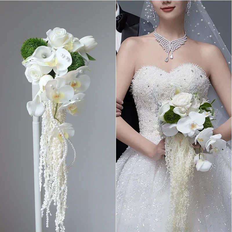 

towoo white and green series fresh waterfall holding simulated flower Phalaenopsis bride wedding photography certificate bouquet