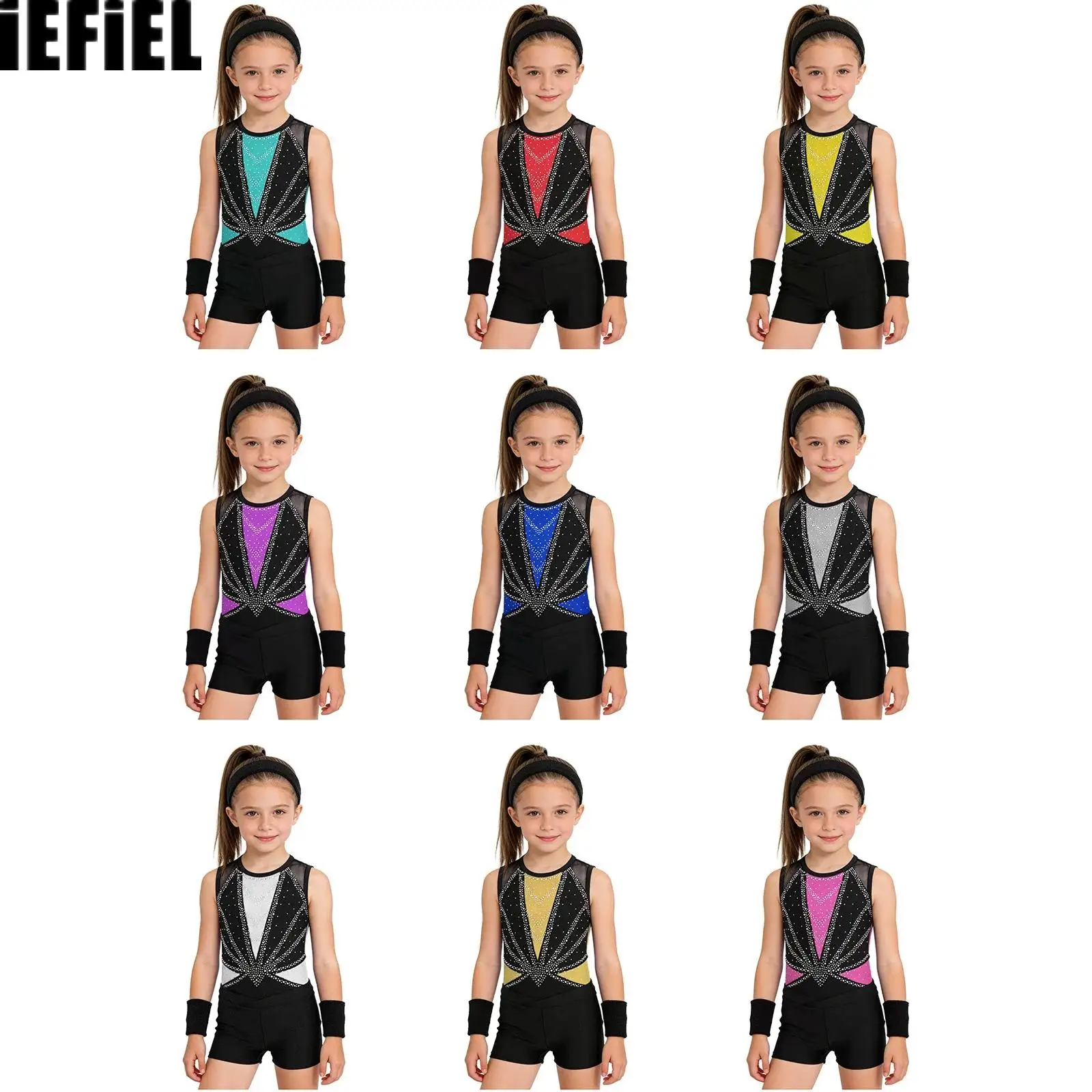 

Kids Girls Ballet Dance Costume Set V-front Waistband Shorts Bottoms Leotard And Sports Headband Wristbands for Gymnastics