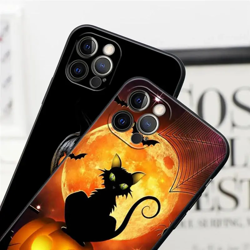 Happy Halloween Black Case for IPhone 12 11 13 14 Pro Max XS 15 8 7 Plus SE 2 Cover Horrible Cat Bat Pumpkin Witch Castle Fundas