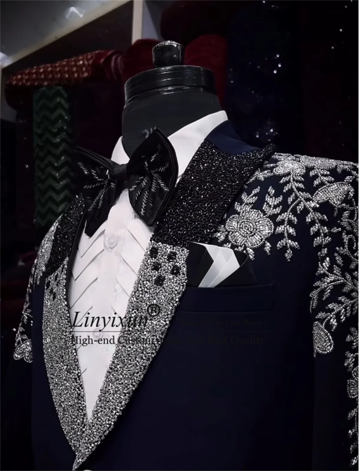 Luxury Beaded Crystal Wedding Suits For Men Shawl Lapel Groom Tuxedos Slim Fit Costume Homme 2 Pieces Sets Male Prom Blazers