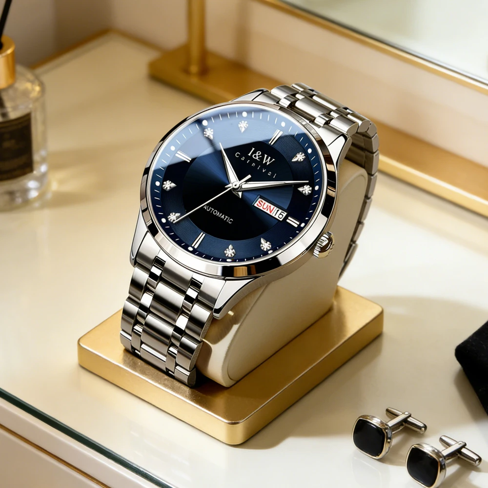 

Мужские автоматические наручные часы Carnival класса люкс с импортным механизмом, сапфировым стеклом, отображением дня недели и даты, водонепроницаемые