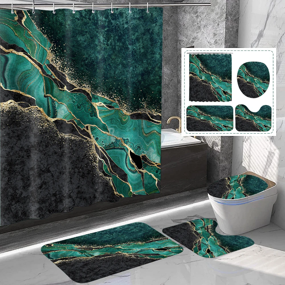 

1 set of green marble gilded printed shower curtains, modern minimalist style, with plastic hooks and bathroom floor mats