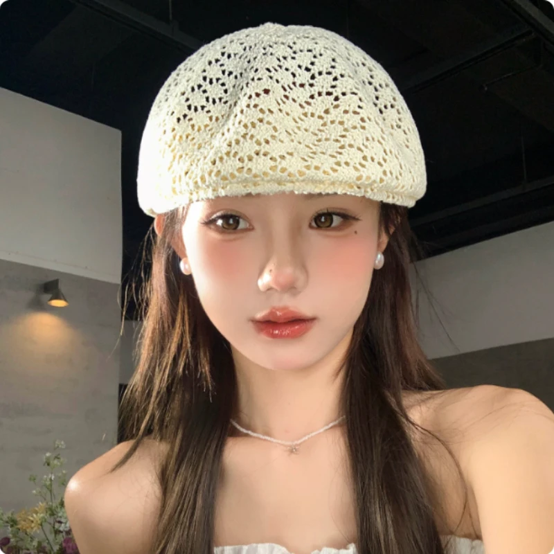 Fashion Hollow Knitted Berets Women's Summer Thin Solid Color Big Head Backward Forward Hat Literary and Artistic Painter Cap
