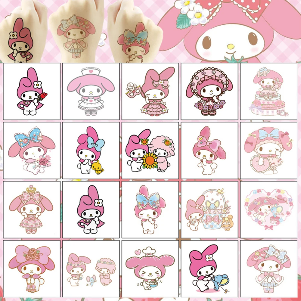 

20Pcs My Melody Theme Tattoo Stickers Waterproof Cute Sanrio My Melody Sticker Funny Kid Girl Christmas Birthday Gift Reward Toy