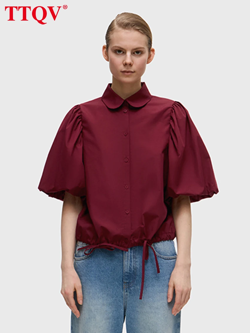 

TTQV Модная свободная зеленая хлопковая женская рубашка, летняя женская блузка с отложным воротником и коротким рукавом, элегантный классический топ на шнуровке, женская одежда
