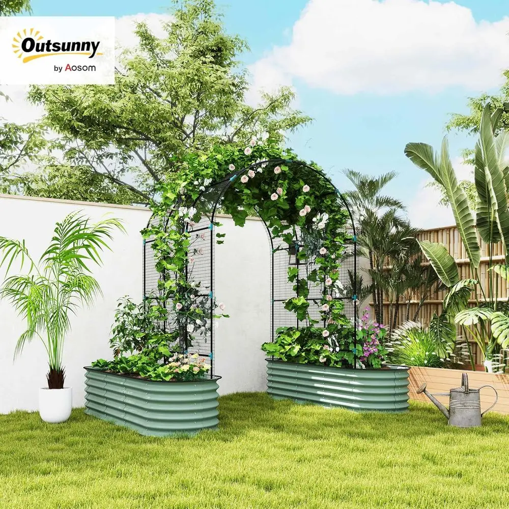 Raised Garden Beds with Arch Trellis, Galvanized Planter Box with ClimNet or ClimVegetables lowers, Metal Raised Bed Kit with Ru