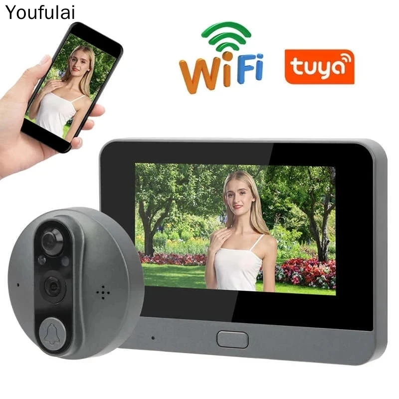 Tuya Smart Video Doorbell 1080P WiFi Door Bell Peephole Camera 5000mAh 4.3\' PIR FHD Infrared Digital Viewer