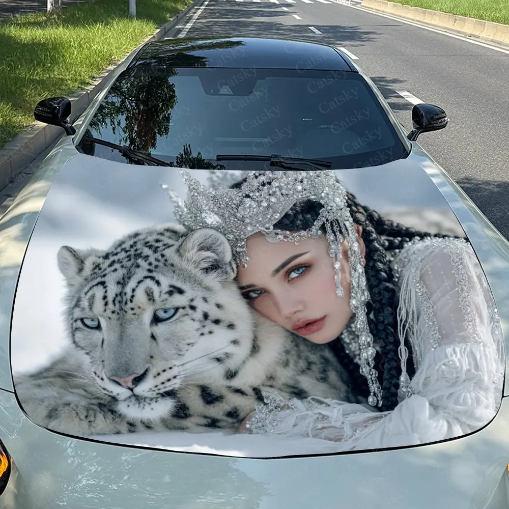 

Snow Leopard And Girl Car Hood Sticker, Premium Vinyl Sticker For Automotive Exterior Customization, Durable PVC Vinyl Wrap
