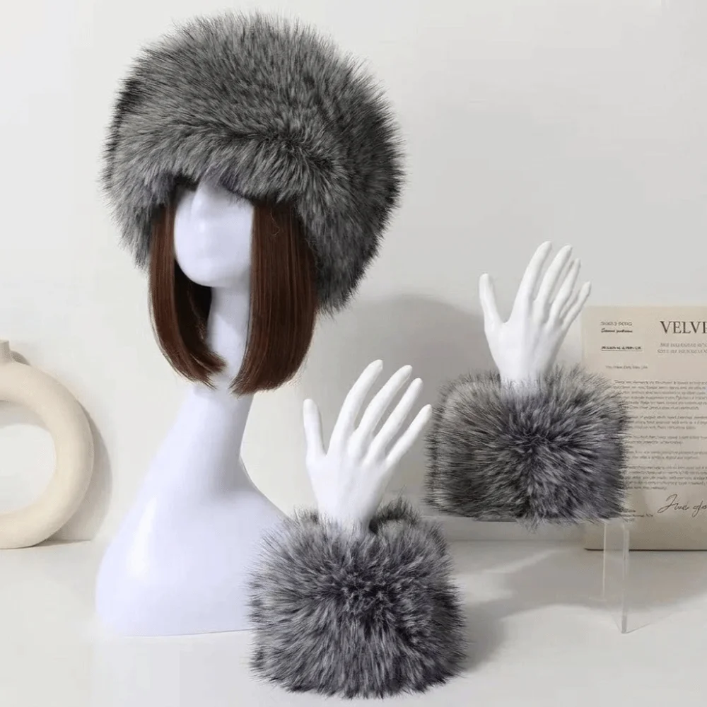 3Pcs/Set Simple Elastic Wide Fur Cuffs Hat Windproof Furry Headband Wristband Set Soft Empty Top Cap Plush Headwraps Adult 2