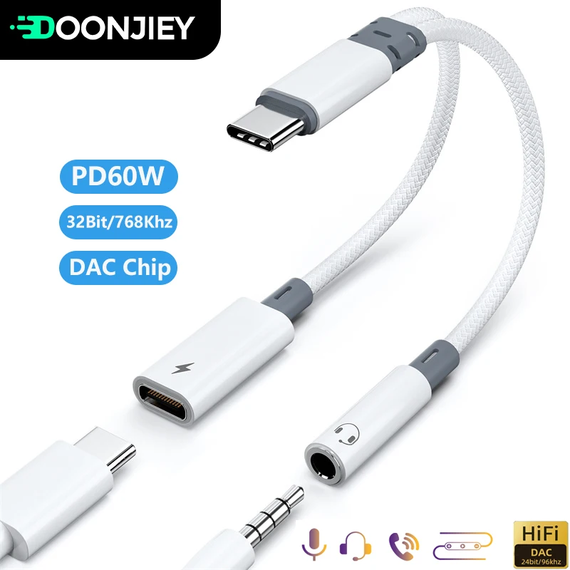 

2 IN 1 Type C to USB C 3.5MM Charge Audio Converter Adapter PD 60W Fast USB-C Charger for Samsung iPhone 15 16 Huawei Xiaomi
