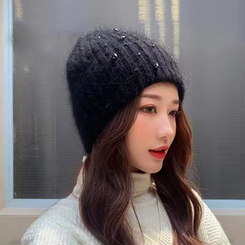Hat Women Winter Beanie Angora Knit Rhinestone Warm Accessory For Autumn Cold Weather Ski Sports Outdoor Holiday