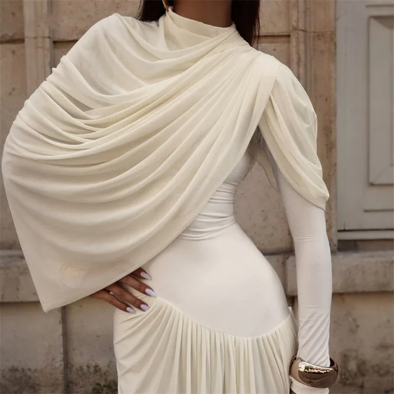 Ivory Wrap Cape Prom Dress Sexy Sheath High Neck Full Sleeves Ruffles Long Party Gown Autumn Formal Wedding Guest Birthday Robe