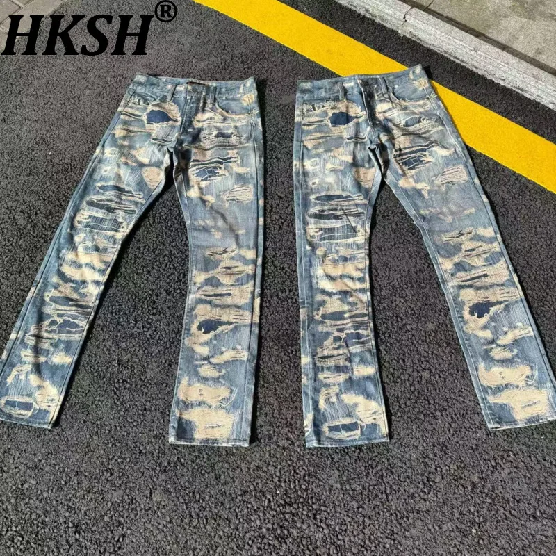 HKSH Spring Autumn Men Tide Chic Ins Dark Punk Vintage Digital Print Washed Distressed Straight Jeans Flared Denim Pants HK28082