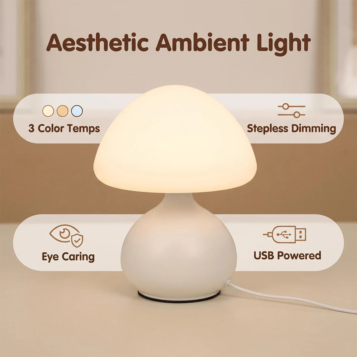 Mini Mushroom Bedside Lamp Touch‑Sensor Nightlight Soft Eye‑Caring Lighting Home Bedroom Ornament Children Gift