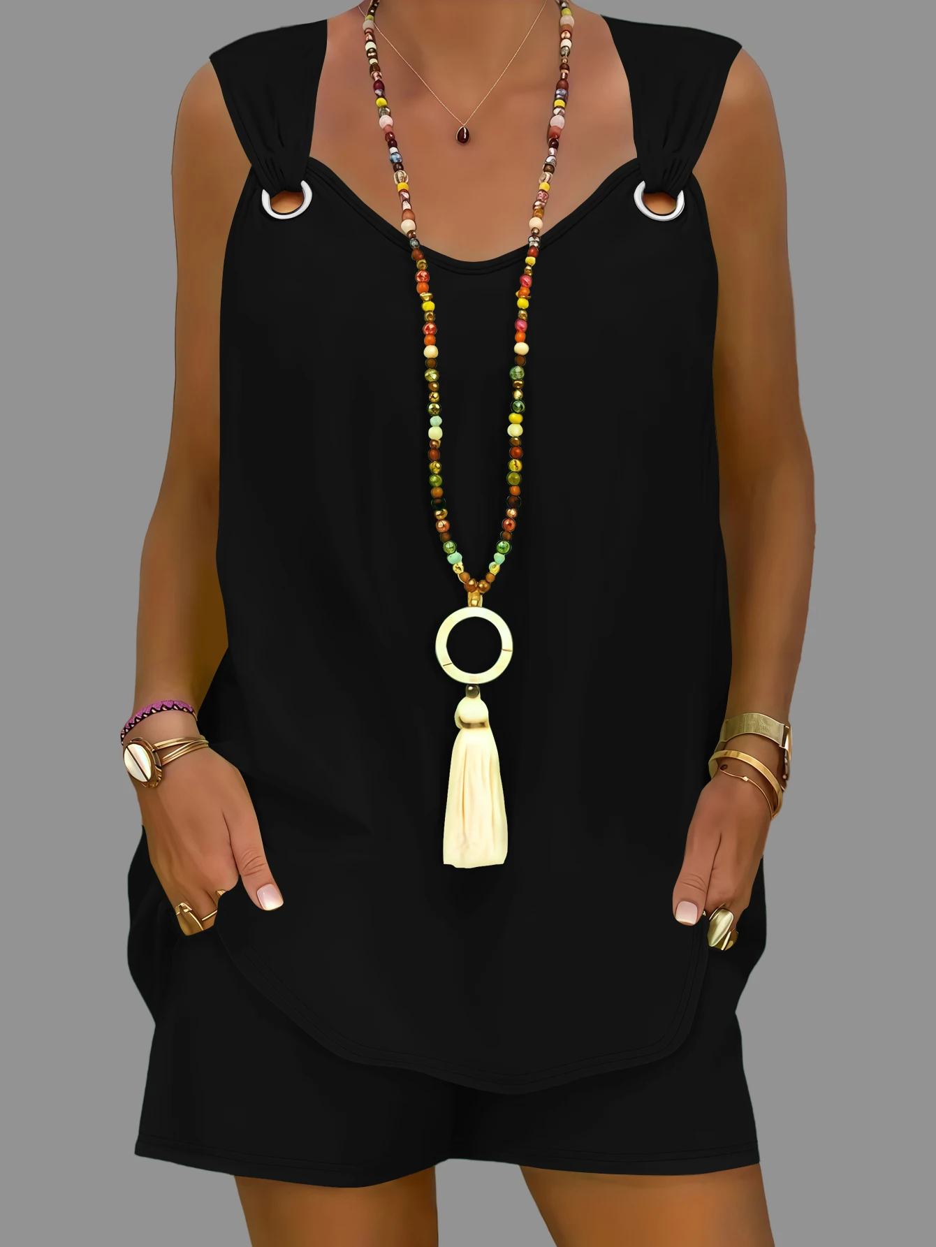 Eendelige dames zomerset met V-hals, effen kleur, mouwloos vest en shorts met ringdecoratie, los en casual