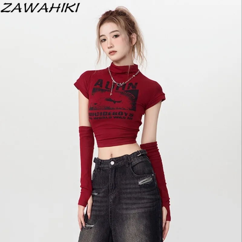 T-shirts for Women American Retro Mock Neck Slim Letter Grunge Graphic Print Short Sleeve Crop Tops Oversleeve Fashion Vintage