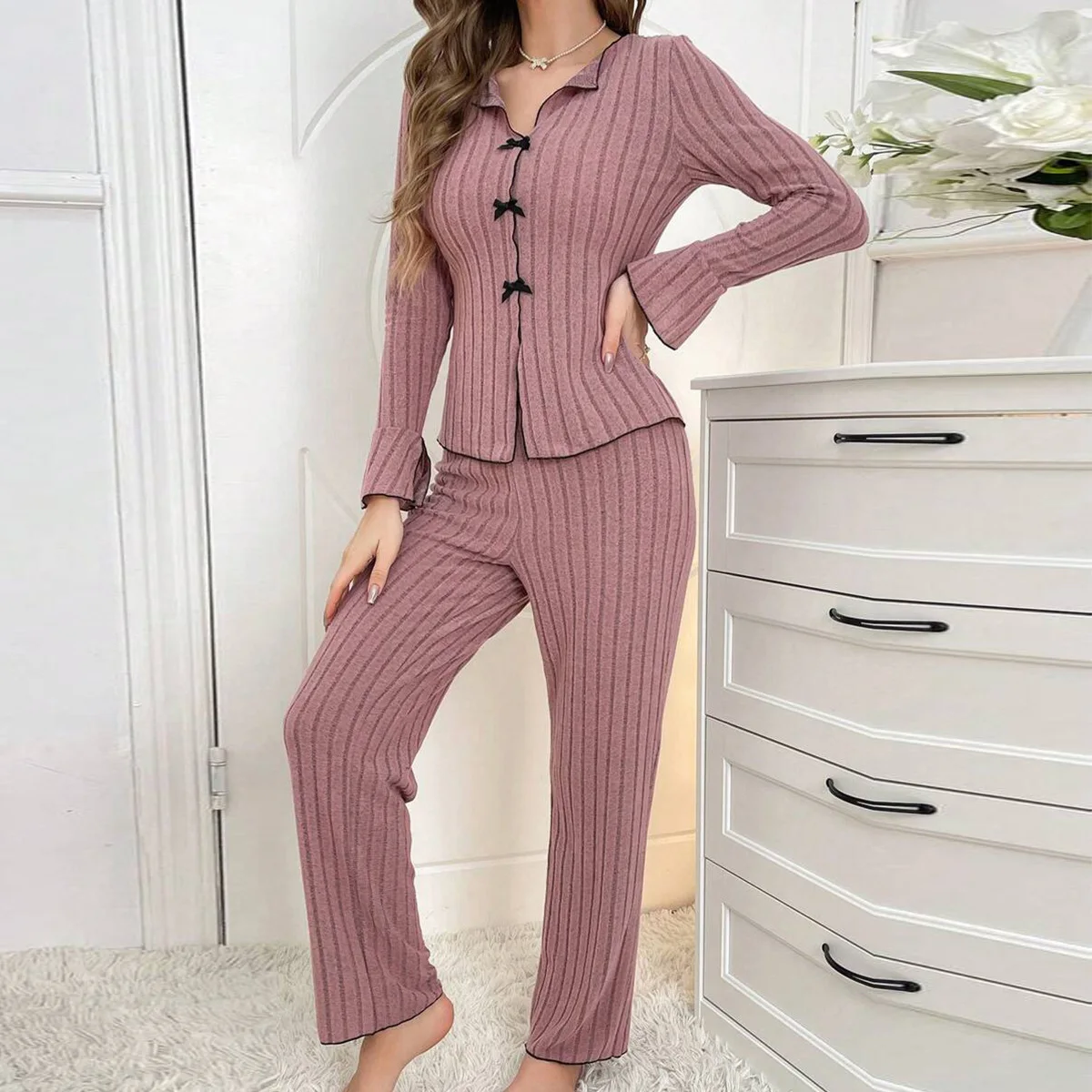 Pajama Home Set Women Autumn 2024 New Simple and Fashionable Lapel Casual Bow Long Sleeved Long Pants Two Piece Suit Streetwear