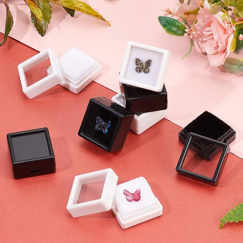 36PCS White Gemstone Display Box Mini Square Acrylic Jewelry Box Container 1.2x1.2x0.6 with Clear Top Lids and Sponge