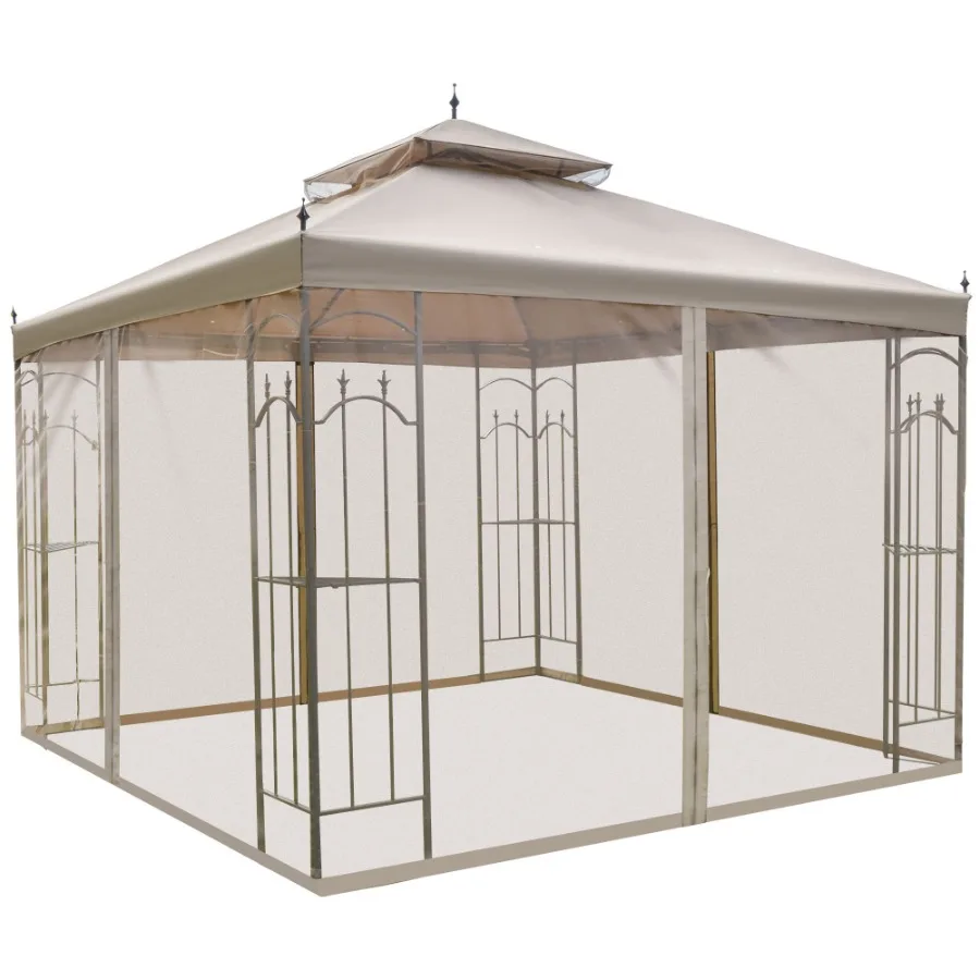 

10x10 Steel Patio Gazebo Canopy Brown with Mesh Curtains Shelves